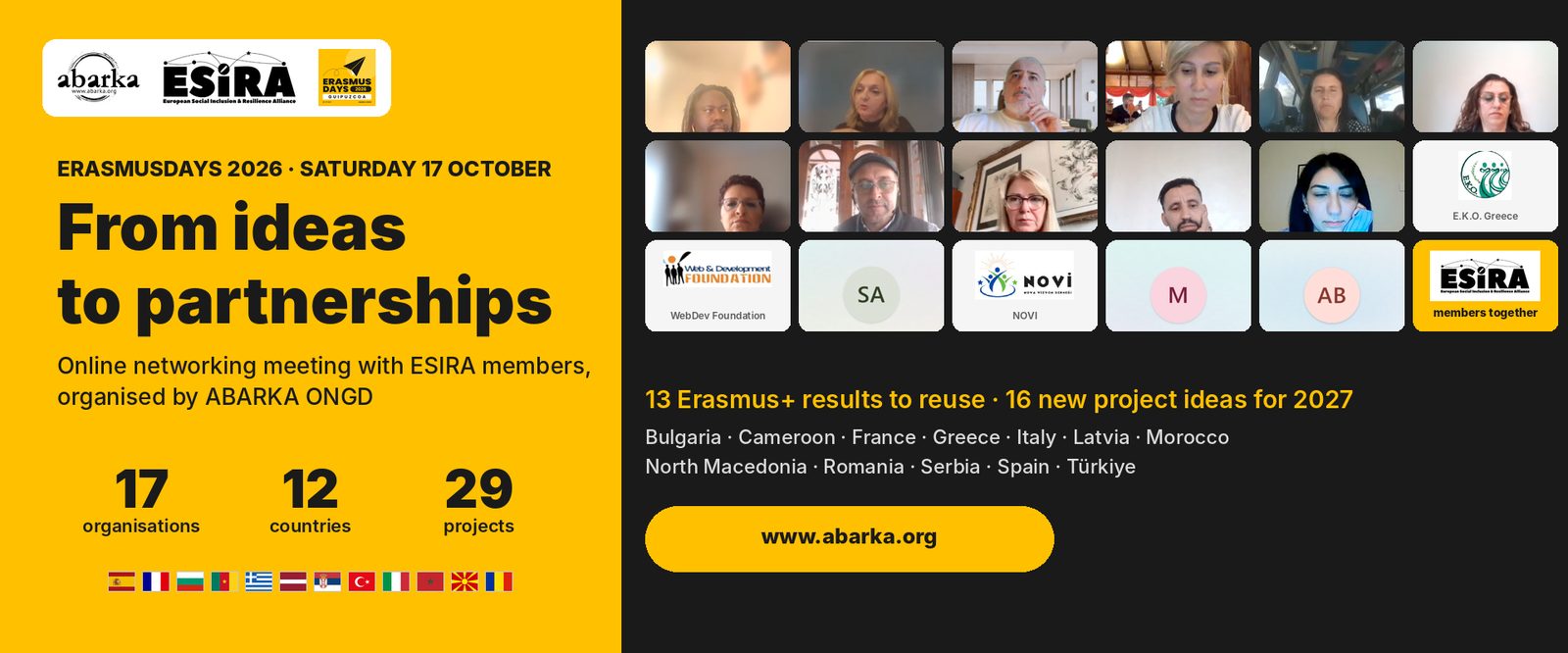 ErasmusDays 2026: encuentro de networking de ABARKA ONGD con 17 organizaciones de 12 países de la red ESIRA