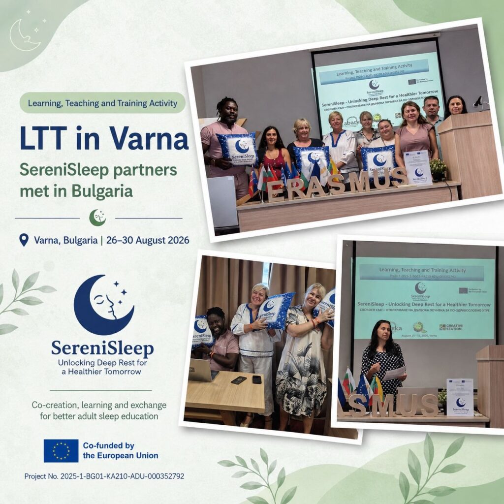 Collage de la actividad de aprendizaje, enseñanza y formación de SereniSleep en Varna